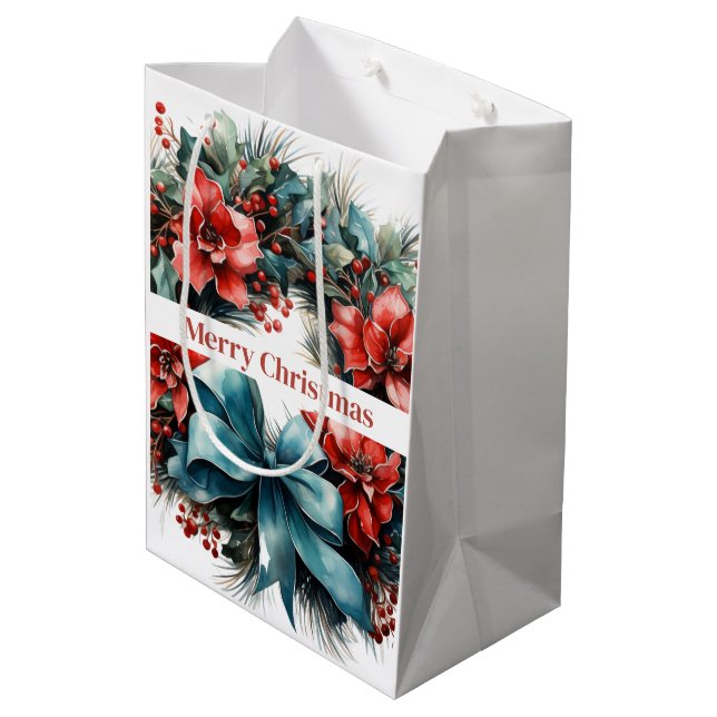 Christmas Watercolor Wreath with Holly Medium Gift Bag (Back Angled)