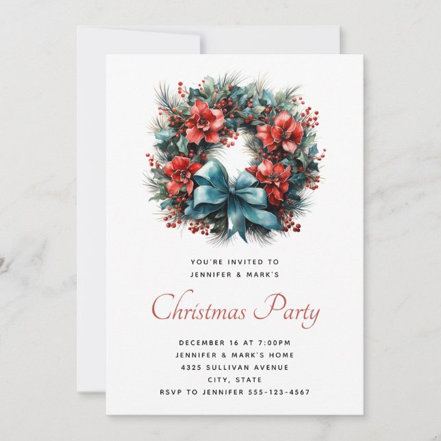Christmas Watercolor Wreath with Holly Party Invitation (Front)