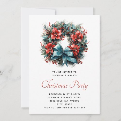 Christmas Watercolor Wreath with Holly Party Invitation