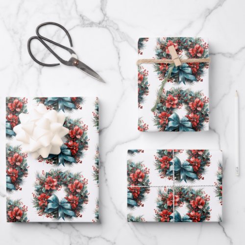 Christmas Watercolor Wreath with Holly Pattern Wrapping Paper Sheets