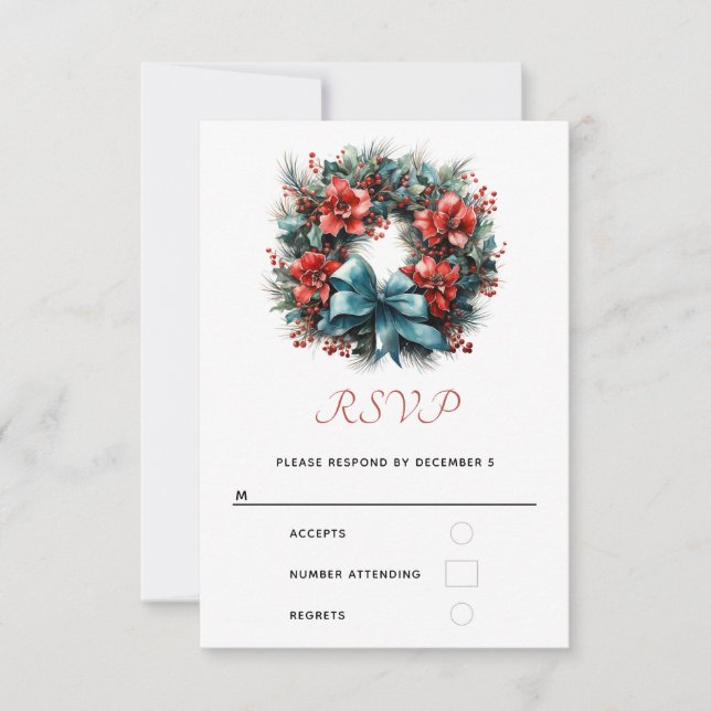 Christmas Watercolor Wreath with Holly RSVP Card (Front)