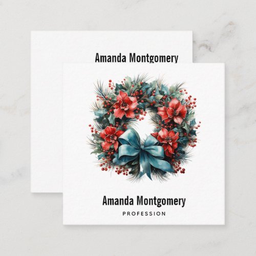 Christmas Watercolor Wreath with Holly Square Business Card