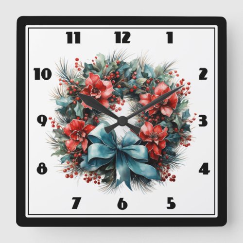 Christmas Watercolor Wreath with Holly Square Wall Clock