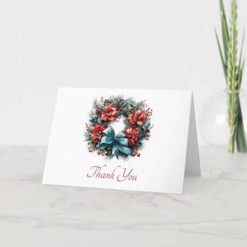 Christmas Watercolor Wreath with Holly Thank You Card