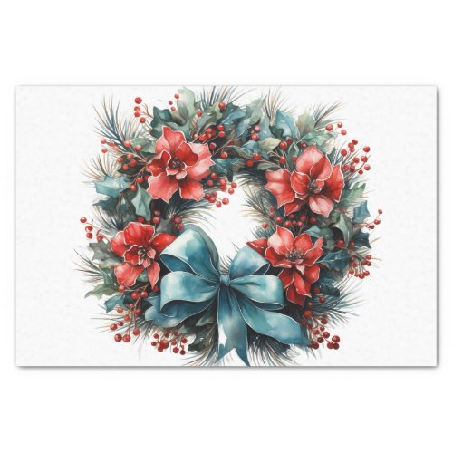 Christmas Watercolor Wreath with Holly Tissue Paper