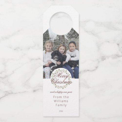Christmas watercolor wreath with photo bottle hanger tag