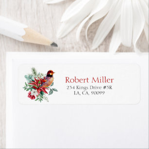 Christmas watercolors flowers, leaves and a bird label