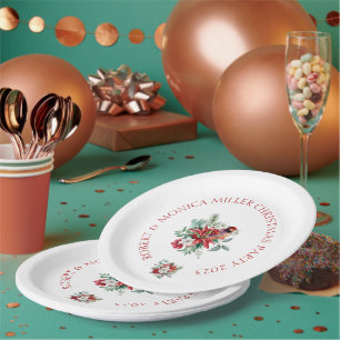 Christmas watercolors flowers, leaves and a bird paper plates