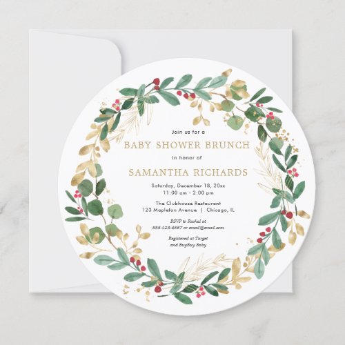 Christmas watercolors wreath baby shower brunch invitation