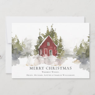 Christmas Watercolour Snowy Pine Forest Home Holiday Card
