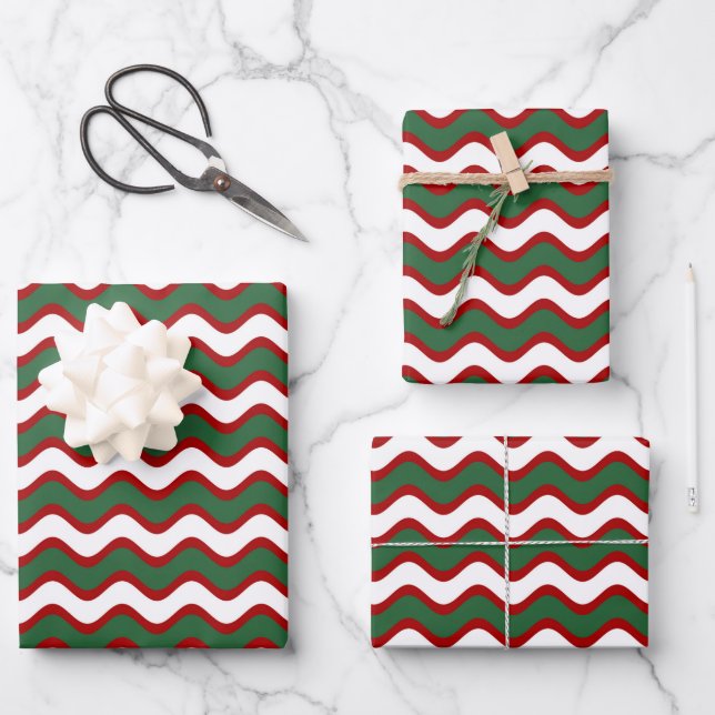 Christmas Wave Stripe Pattern Red Green White  Wrapping Paper Sheets (Front)