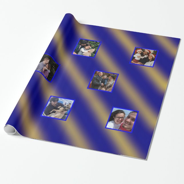 Christmas Wavy Pattern Gold & Blue 8 Photos Wrapping Paper (Unrolled)
