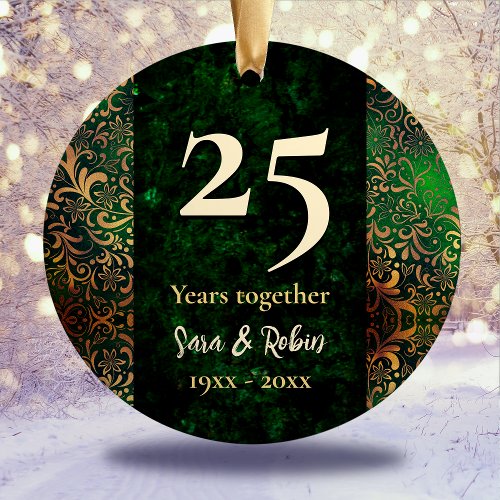 Christmas wedding anniversary gold green floral ceramic ornament