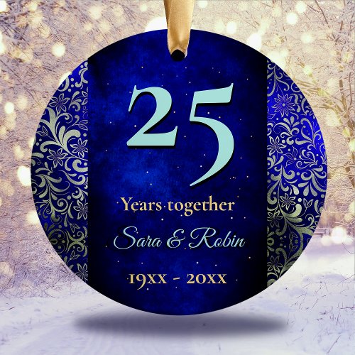 Christmas wedding anniversary royal blue floral  ceramic ornament