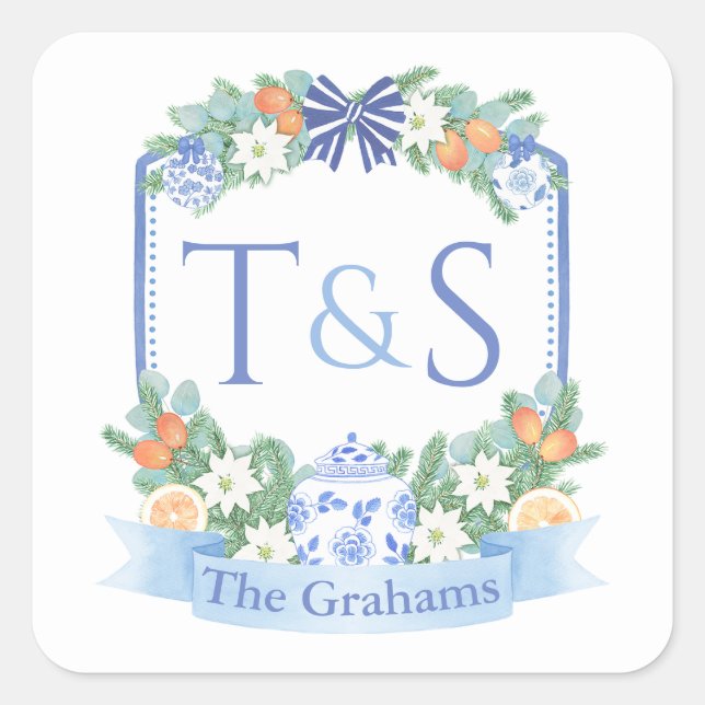 Christmas Wedding Botanical Monogram Crest Square Sticker (Front)