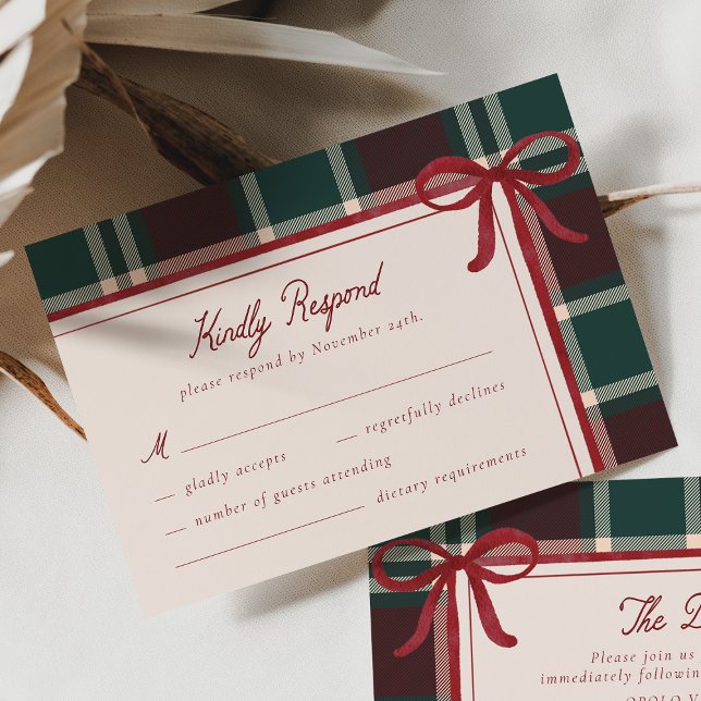 Christmas Wedding Bow Burgundy Dark Green Plaid RSVP Card (Creator Uploaded)