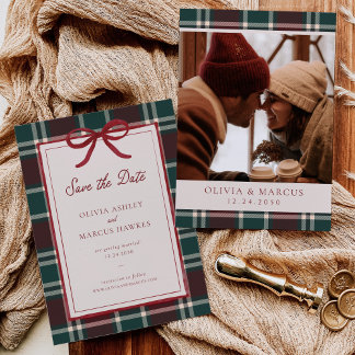 Christmas Wedding Bow Burgundy Dark Green Plaid Save The Date