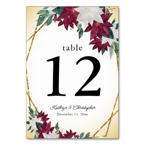 Christmas Wedding Burgundy Poinsettias and Gold Table Number