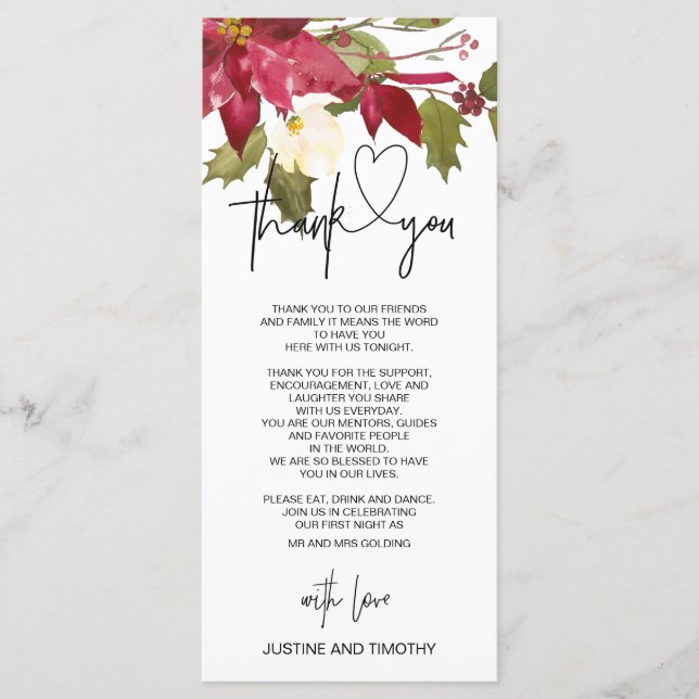 Christmas Wedding Decor Thank You Table Setting Menu (Front)