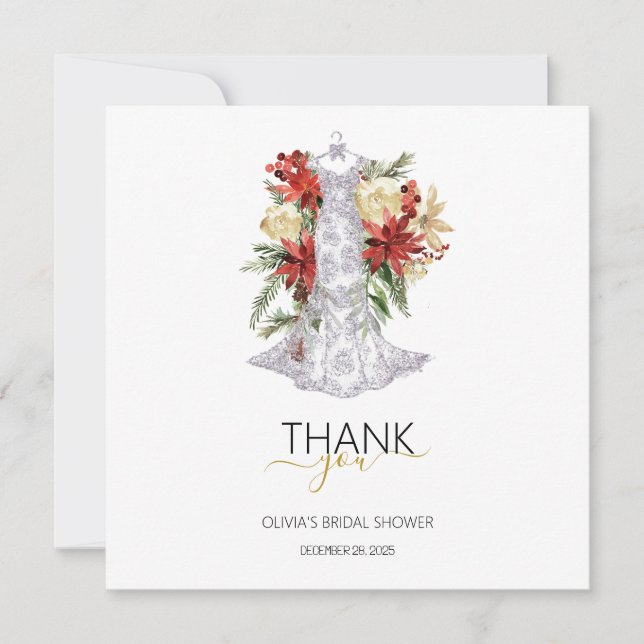 Christmas Wedding Dress Bridal Shower Thank You  Card (Front)