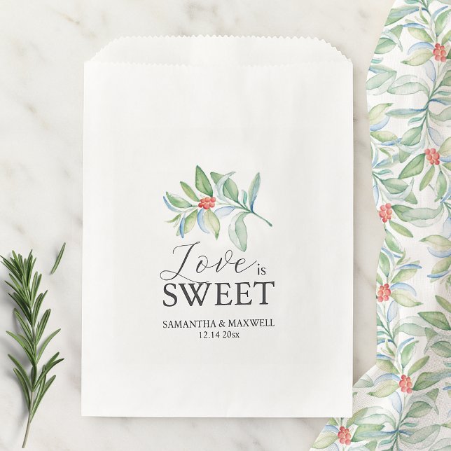 Christmas Wedding Favor Bags Love Is Sweet (flat lay of gift bags for xmas features watercolor botanical art and the words Love is Sweet custom)