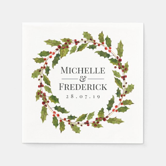 Christmas Wedding Floral Holly Watercolor Napkins (Front)