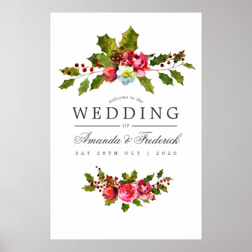 Christmas Wedding Floral Holly Watercolor Welcome Poster