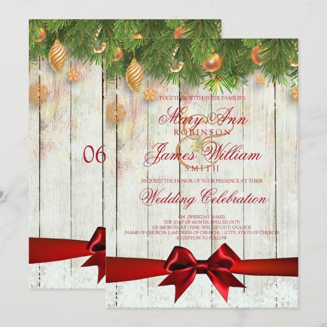 Christmas Wedding Gold Decorations & Red Ribbon Invitation (Front/Back)
