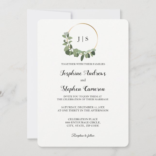 Christmas Wedding Gold Green Wreath Elegant Invitation (Front)