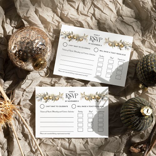 Christmas Wedding Gold Holly and Ornaments Entre RSVP Card