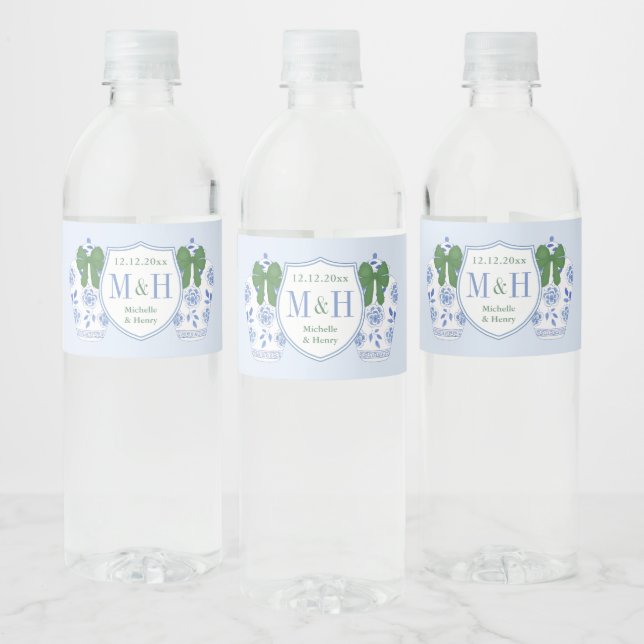 Christmas Wedding Green Ribbon Blue Ginger Jar  Water Bottle Label (Bottles)