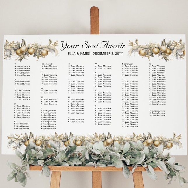 Christmas Wedding Holly Alphabetical Seating Chart Foam Board (Wedding Seating Chart from the Holly Bells Wedding Collection by Darling & May)