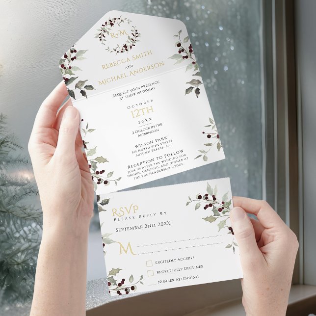 Christmas Wedding Holly Monogram All In One Invitation (Creator Uploaded)