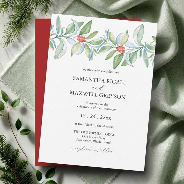Christmas Wedding Invitation Watercolor Botanicals (Watercolor wedding invitations featuring hand painted winter botanical art by Victoria Grigaliunas)