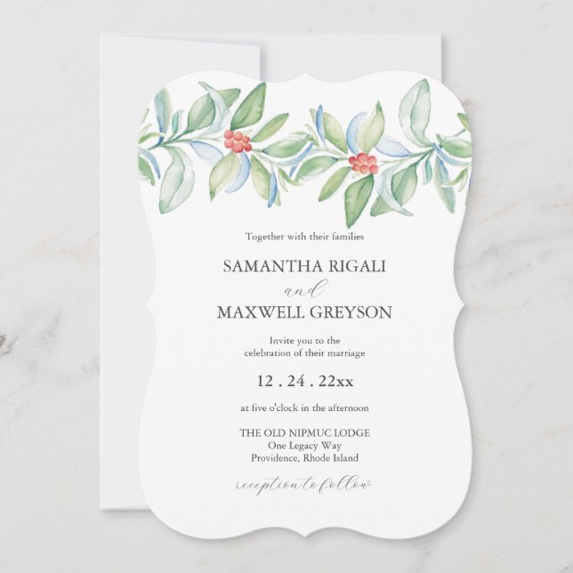 Christmas Wedding Invitation Watercolor Greenery (Front)