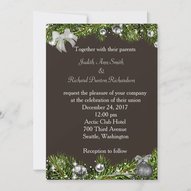 Christmas Wedding Invitation with Silver Ornaments (Front)
