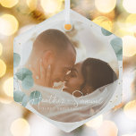Christmas Wedding Keepsake Elegant Script photo Glass Ornament<br><div class="desc">Create your own wedding keepsake with this Elegant Greenery Merry and Married Photo Holiday Glass Ornament. This modern and chic design features eucalyptus branches watercolor illustrations . Add two custom photo on front and back, newlywed names and a personalized text. Show all your love with this one ok a kind...</div>