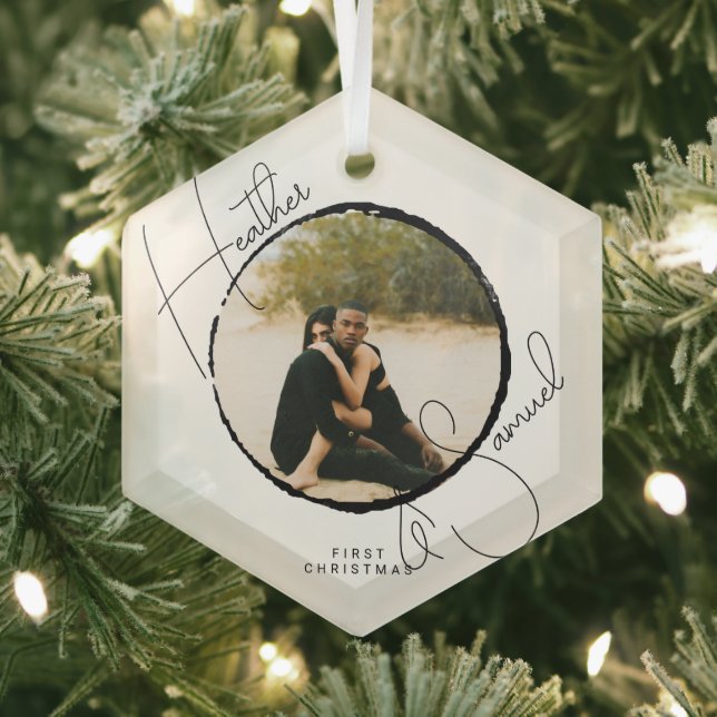 Christmas Wedding Keepsake Modern Script photo Glass Ornament (Insitu)