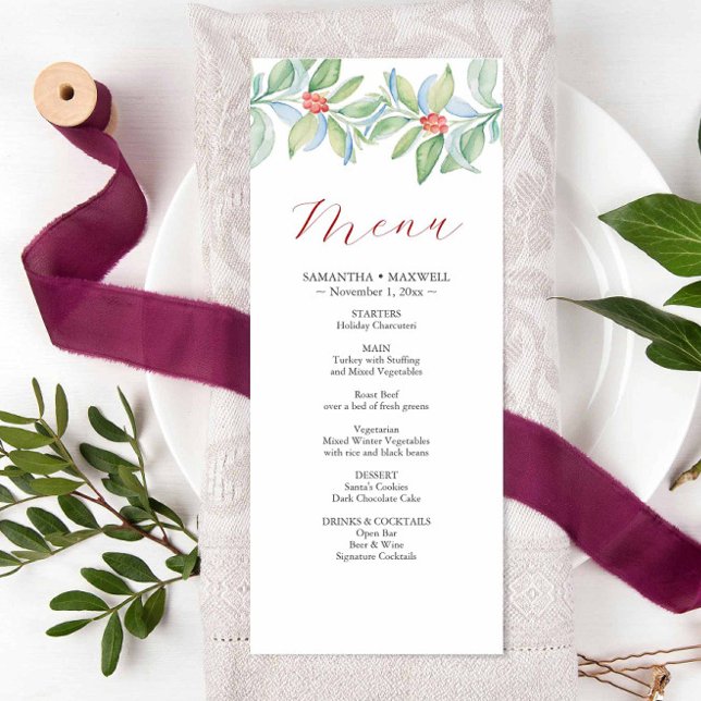 Christmas Wedding Menus Watercolor Greenery (Christmas wedding menu features unique watercolor art by Victoria Grigaliunas.)