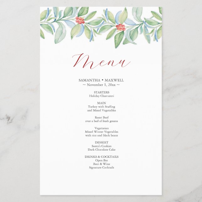 Christmas Wedding Menus Watercolor Greenery Flyer (Front)