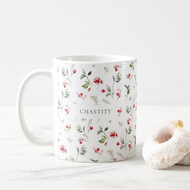 Christmas Wedding Mug with Red Berry Bouquet (With Donut)