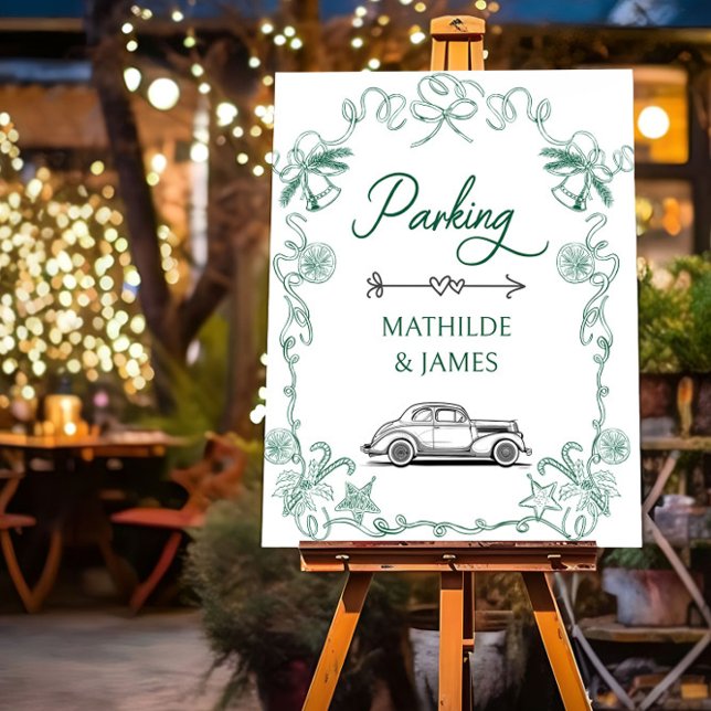 Christmas Wedding Parking Sign Wavy Ribbon Frame (Christmas wedding parking sign from the Wedding Direction Signs collection by Darling & May)