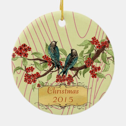 Christmas Wedding Photo Vintage Birds Red Teal Ceramic Ornament