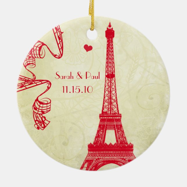 Christmas Wedding Photo with Eiffel Tower Ceramic Ornament (Back)