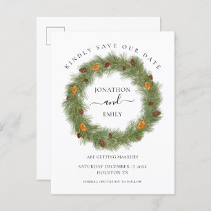 Christmas Wedding Pine Cones Orange Save the Date Announcement Postcard
