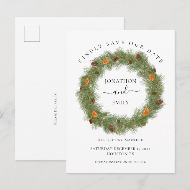 Christmas Wedding Pine Cones Orange Save the Date Announcement Postcard (Front/Back)