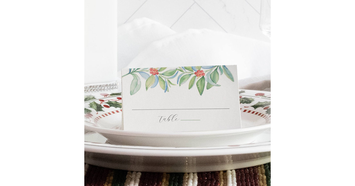 Christmas Wedding Place Card Watercolor Greenery