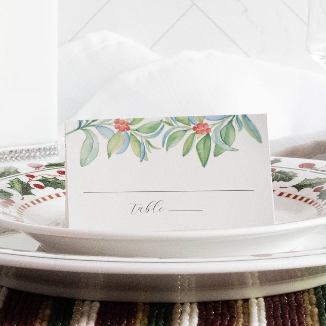 Christmas Wedding Place Card Watercolor Greenery (Winter wedding place cards feature unique watercolor Christmas art by Victoria Grigaliunas)