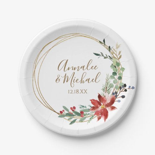 Christmas Wedding Poinsettia Greenery Watercolor Paper Plates