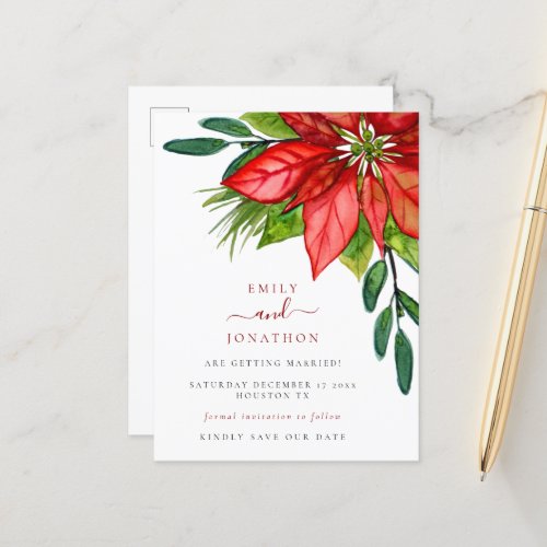 Christmas Wedding Poinsettia Leaves Save the Date  Announcement Postcard